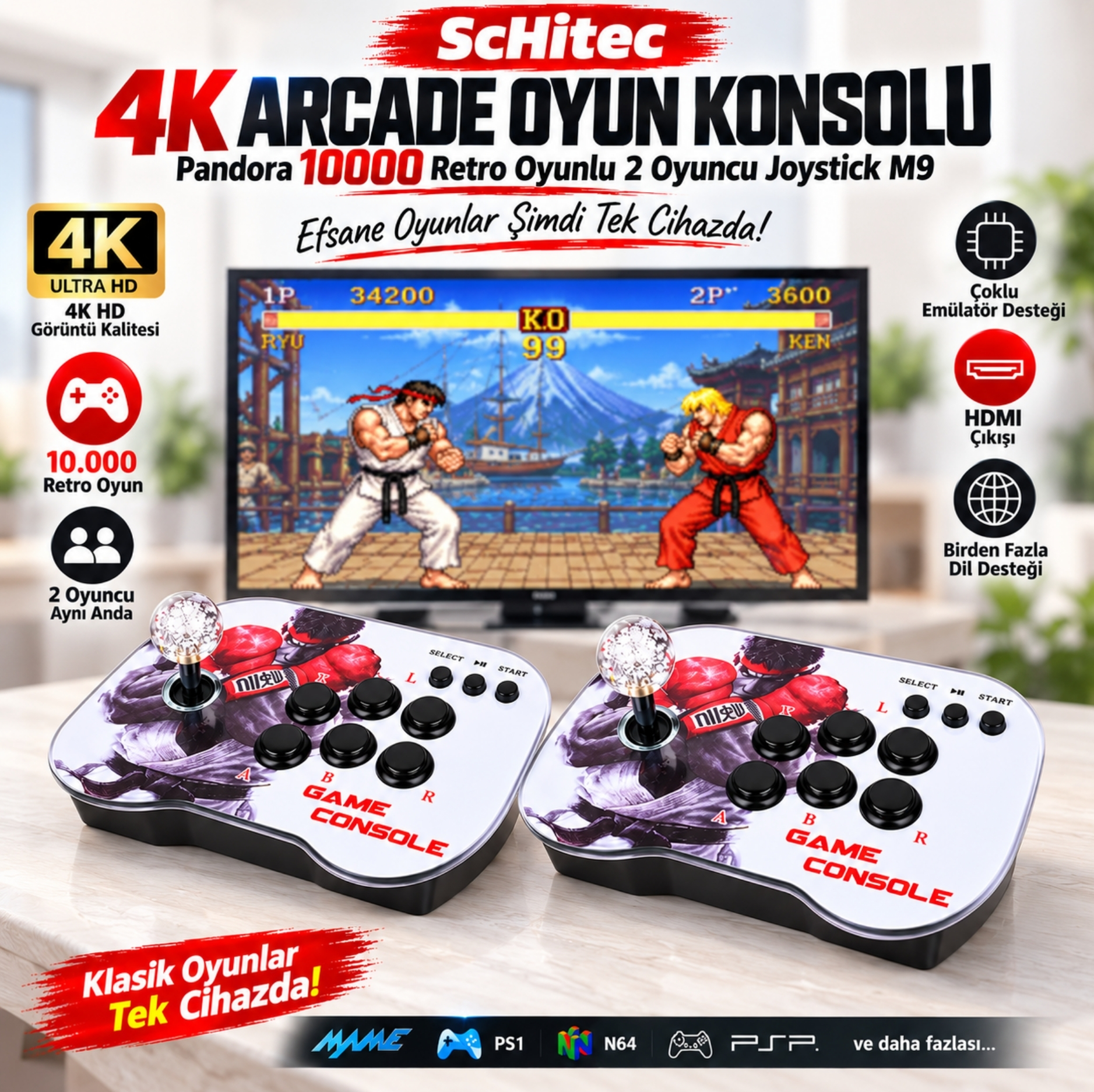 ScHitec 4K Arcade Oyun Konsolu Pandora 10000 Retro Oyunlu 2 Oyuncu Joystick M9