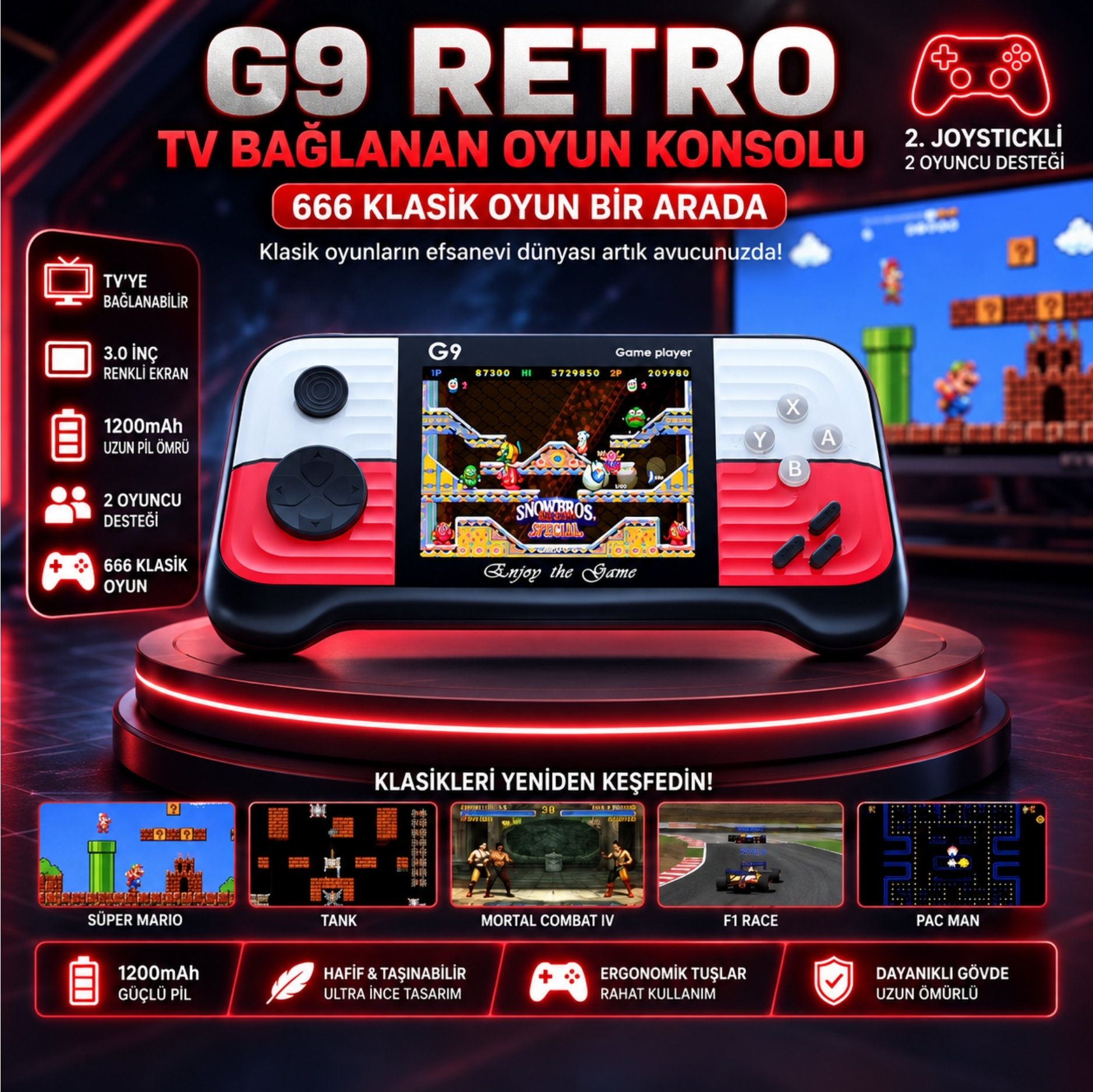 Winex G9 Retro 3.0 inç Tv Bağlanan 2.Joystickli Oyun Konsolu Kırmızı (666 Klasik Oyunlar)