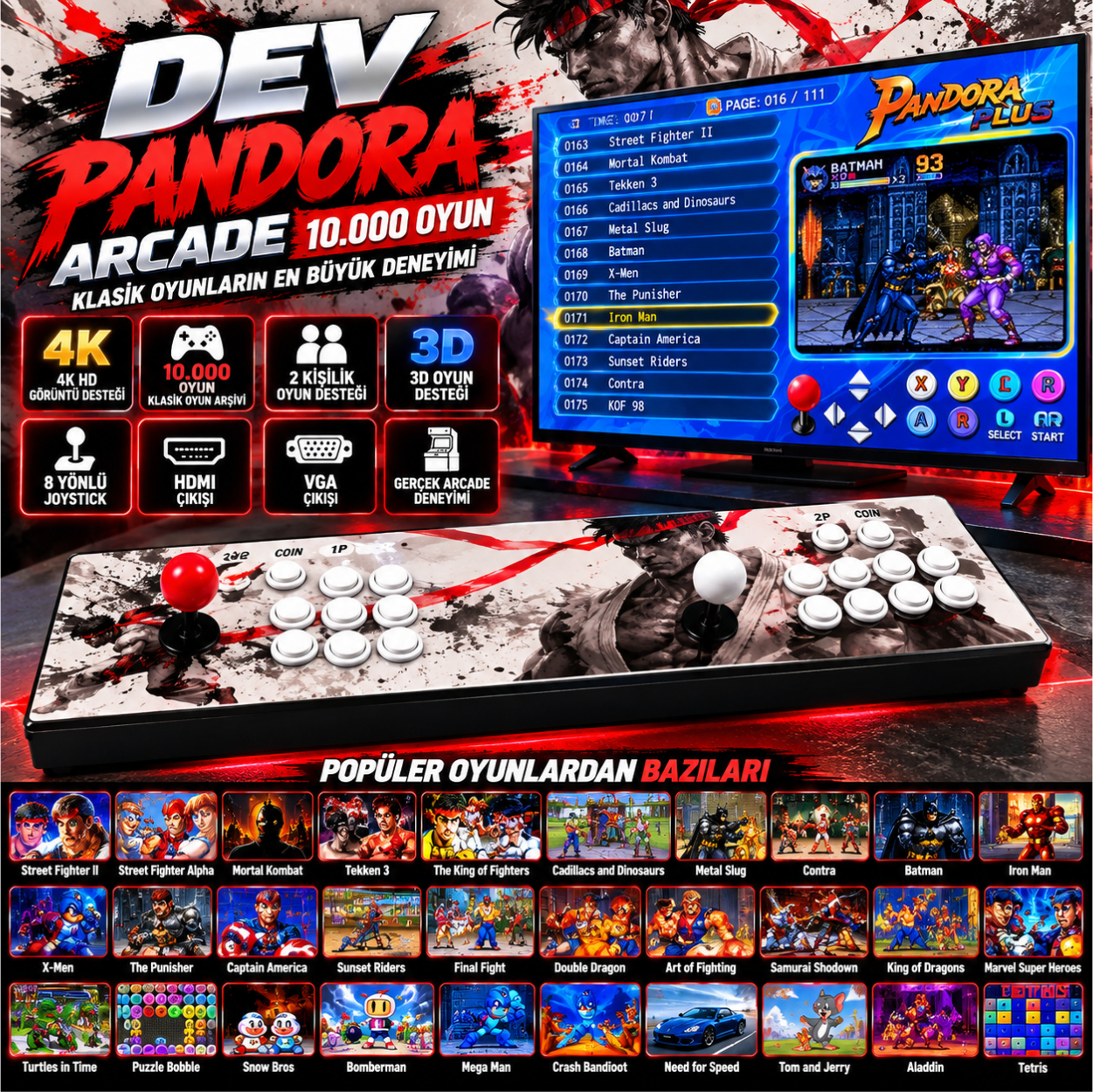 ScHitec Dev Pandora Arcade 10.000 Oyun 4K HD 2 Kişilik Büyük Boy Retro Oyun Konsolu